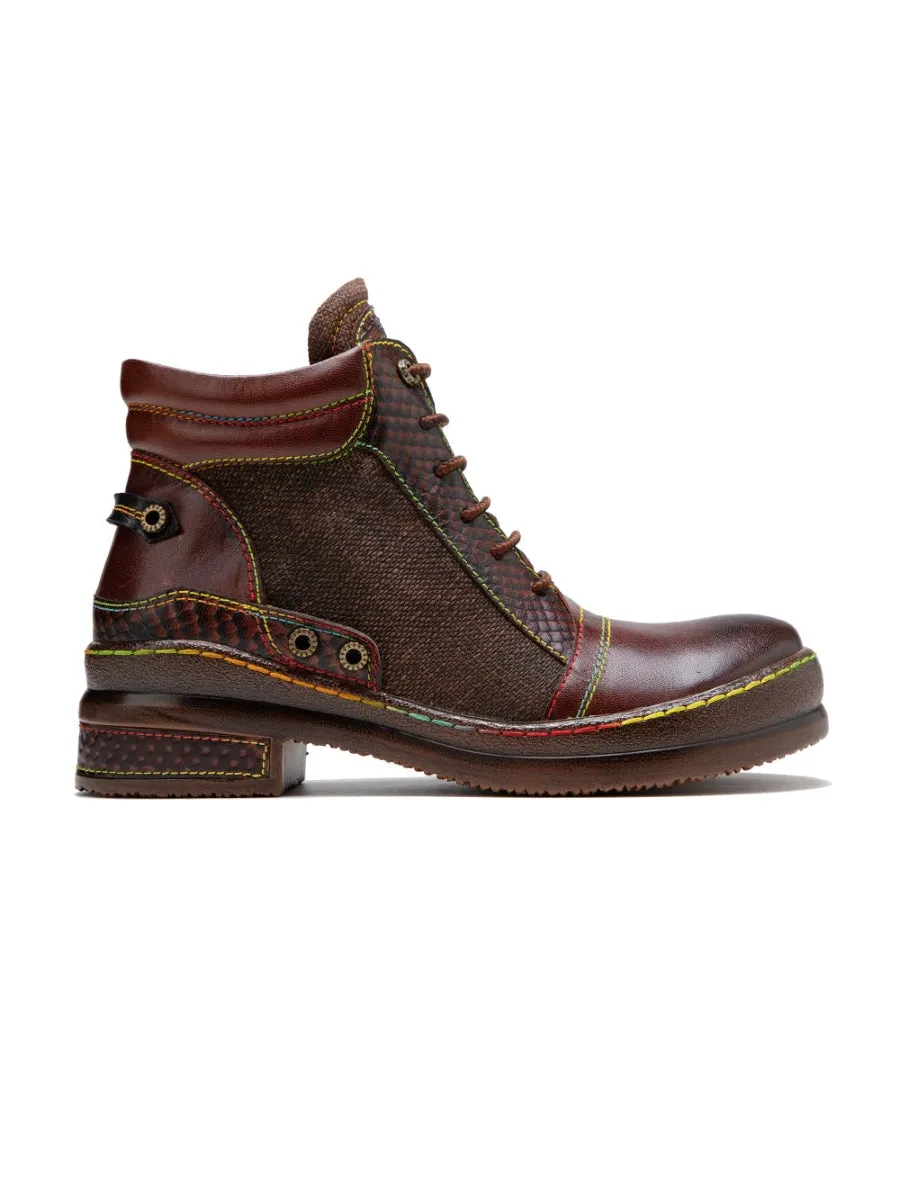 Genuine Leather Brown Abstract Shoelace Detailed Combat Boots