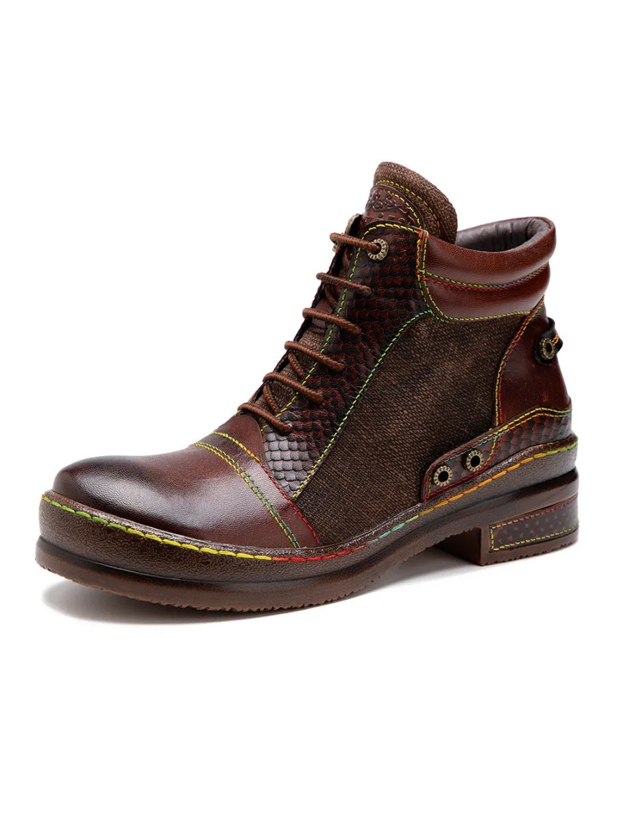 Genuine Leather Brown Abstract Shoelace Detailed Combat Boots
