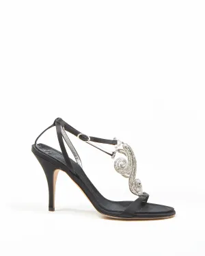 Giuseppe Zanotti Black Satin Jewelled Wave Heeled Sandals - 38