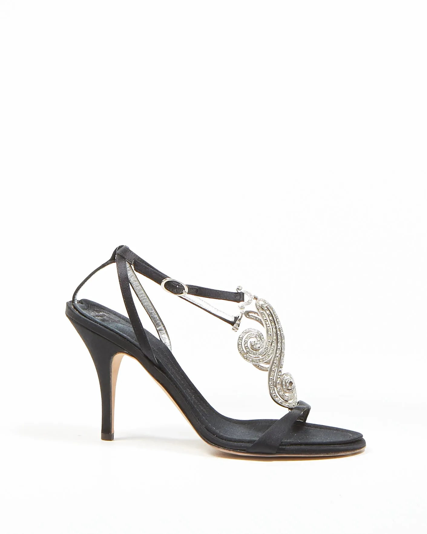 Giuseppe Zanotti Black Satin Jewelled Wave Heeled Sandals - 38
