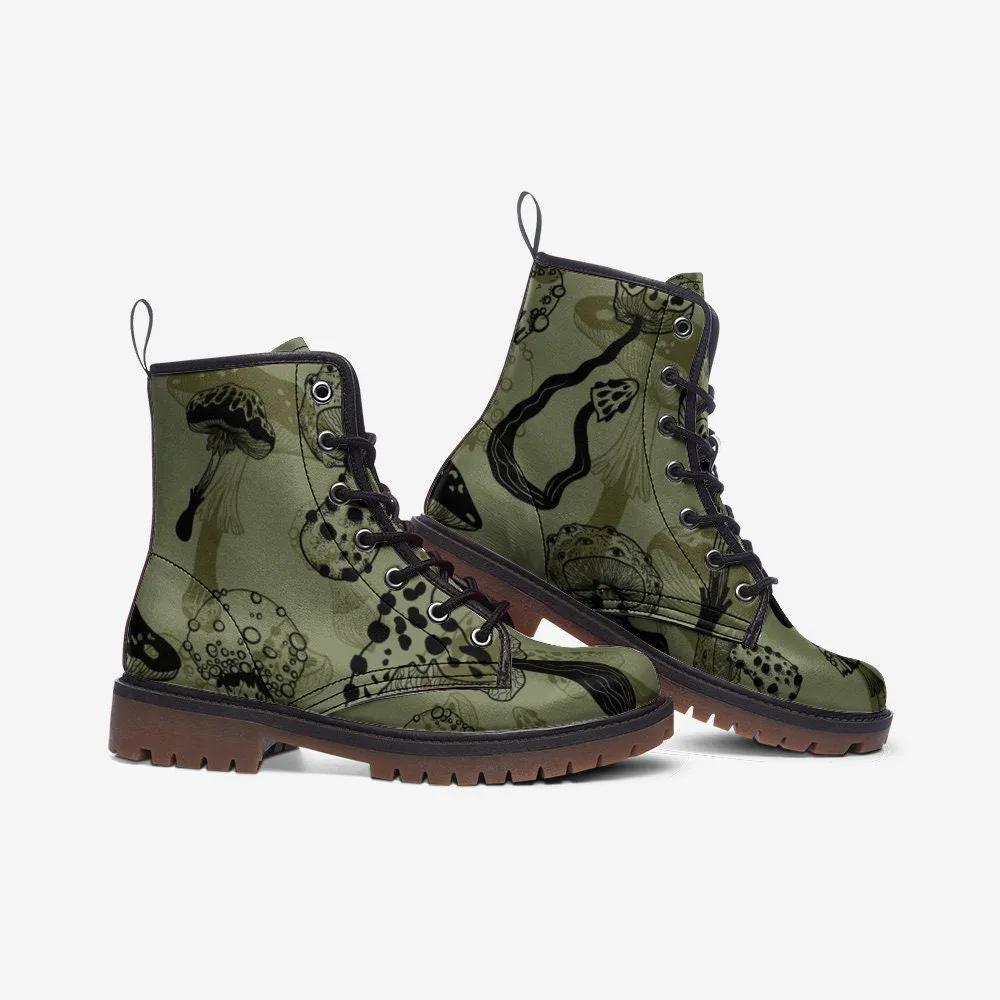 Goblincore Mushroom Military Green Vegan Leather Unisex Boots