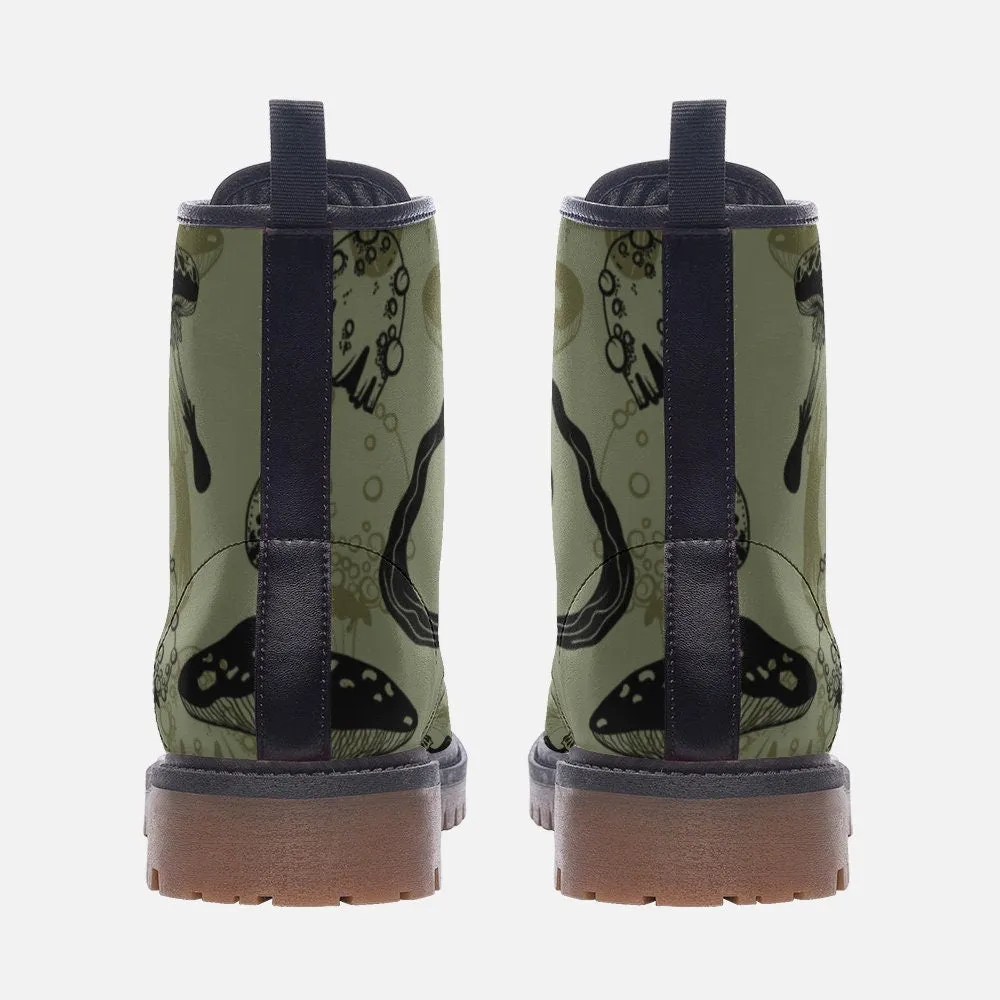 Goblincore Mushroom Military Green Vegan Leather Unisex Boots