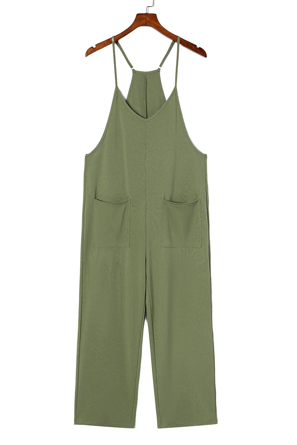 Green Pocketed Adjustable Spaghetti Strap Straight Leg Jumpsuit