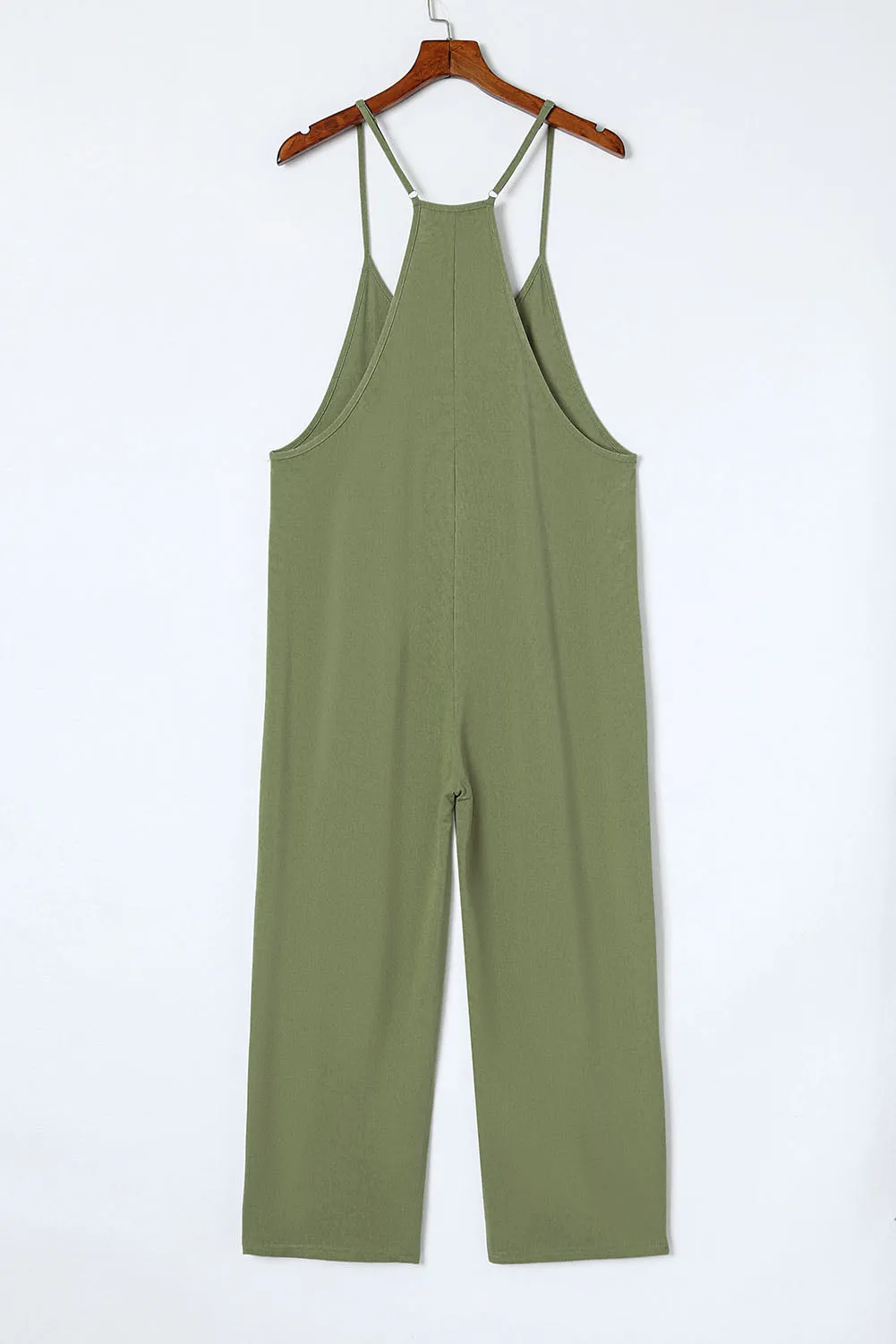 Green Pocketed Adjustable Spaghetti Strap Straight Leg Jumpsuit