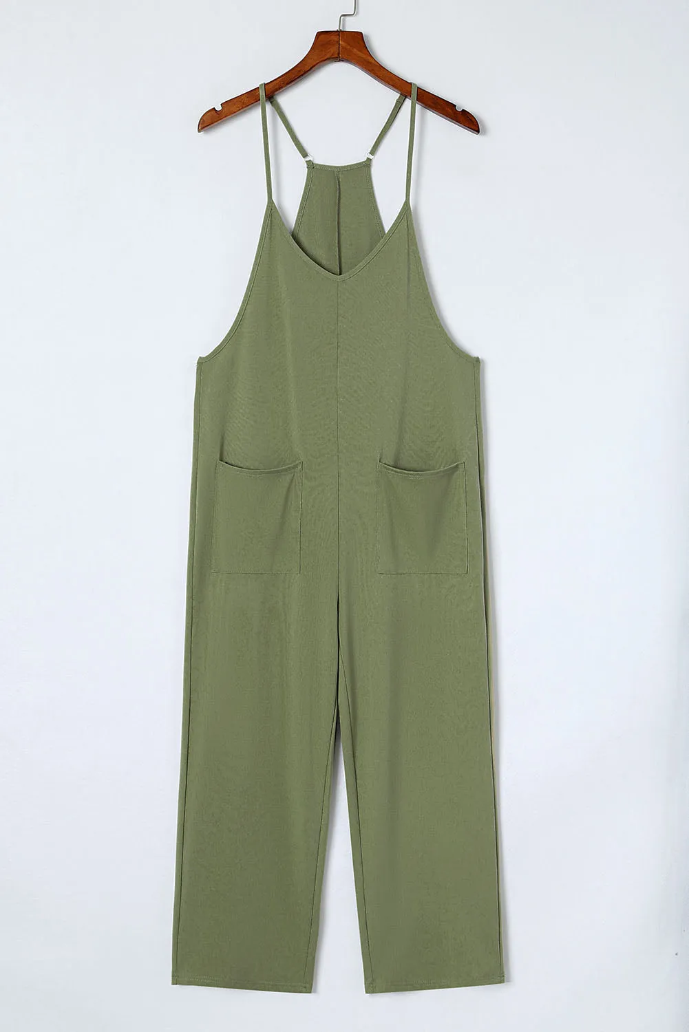 Green Pocketed Adjustable Spaghetti Strap Straight Leg Jumpsuit