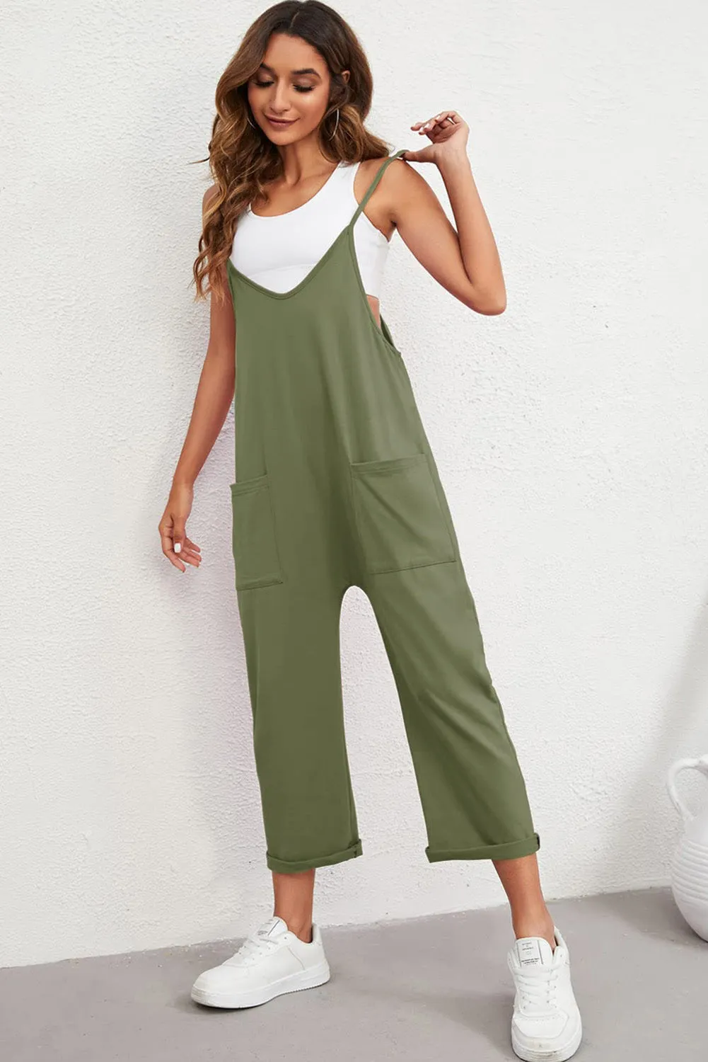 Green Pocketed Adjustable Spaghetti Strap Straight Leg Jumpsuit