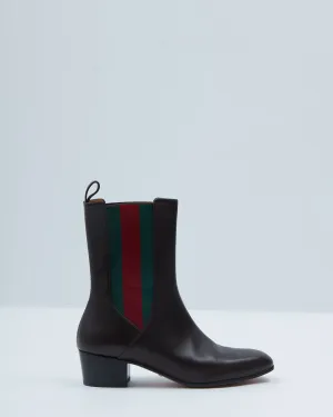 Gucci Brown Leather Web Accent Chelsea Boots - 37