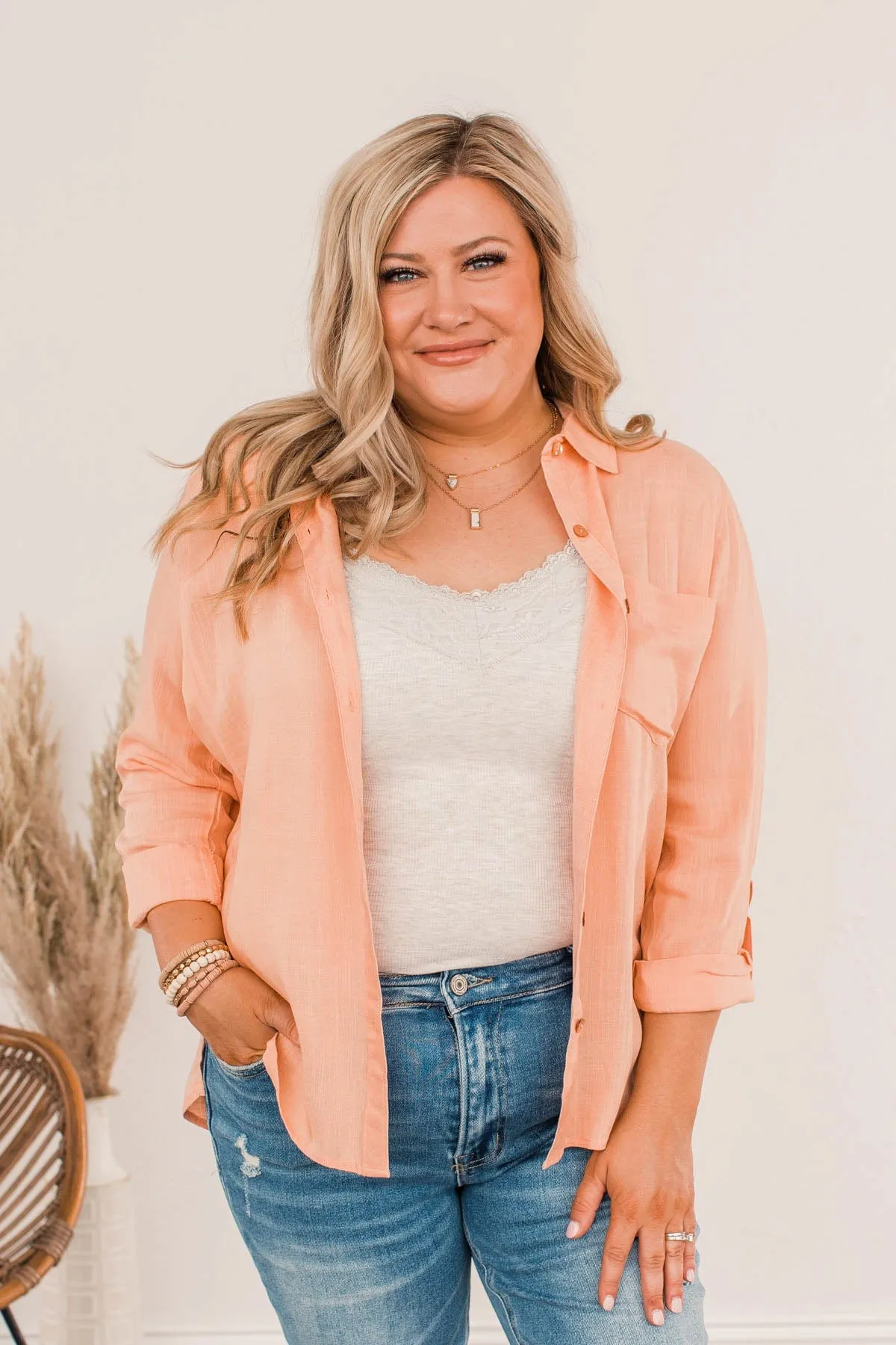 Hearing The Love Button Pocket Top- Cantaloupe