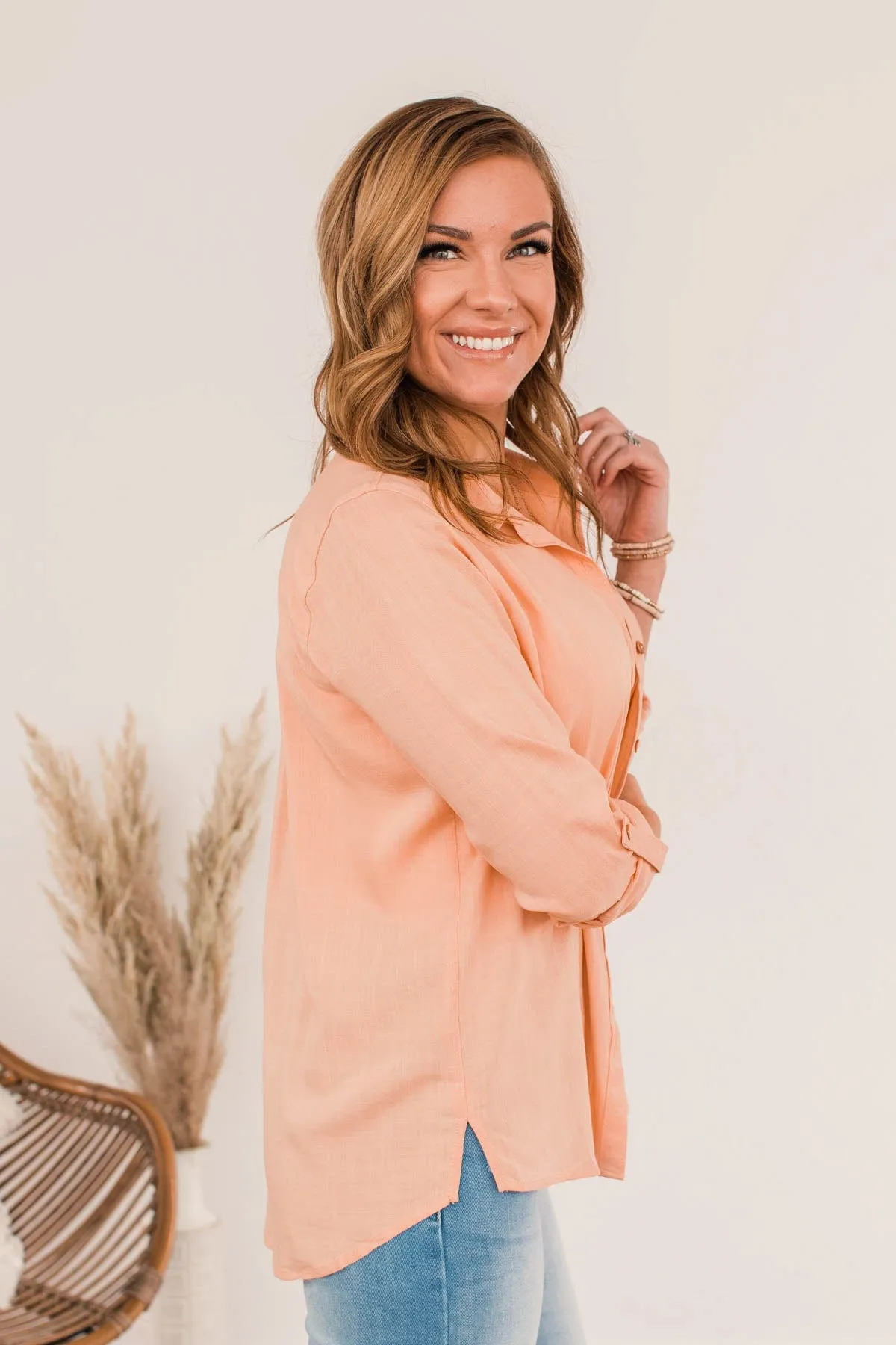 Hearing The Love Button Pocket Top- Cantaloupe
