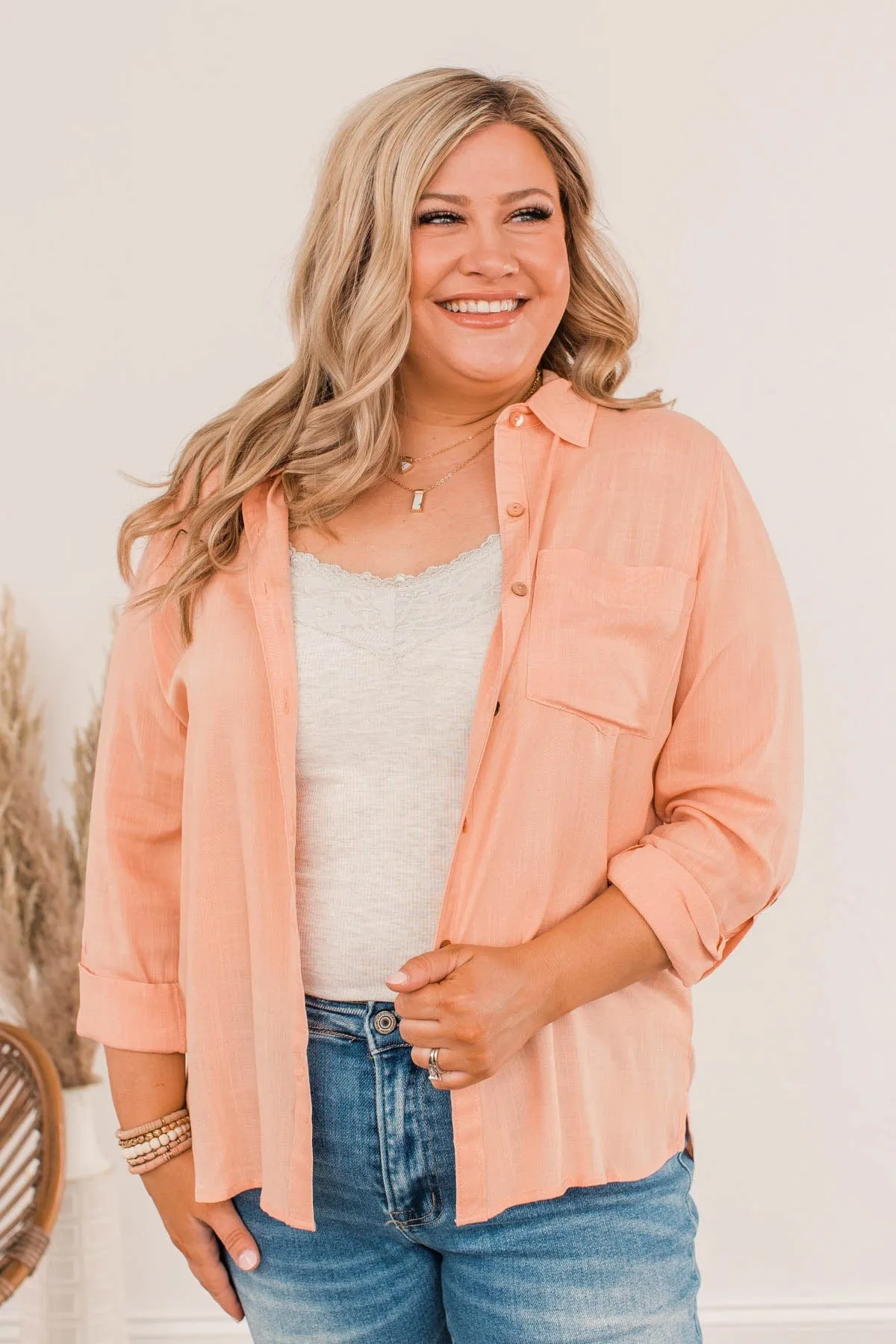 Hearing The Love Button Pocket Top- Cantaloupe