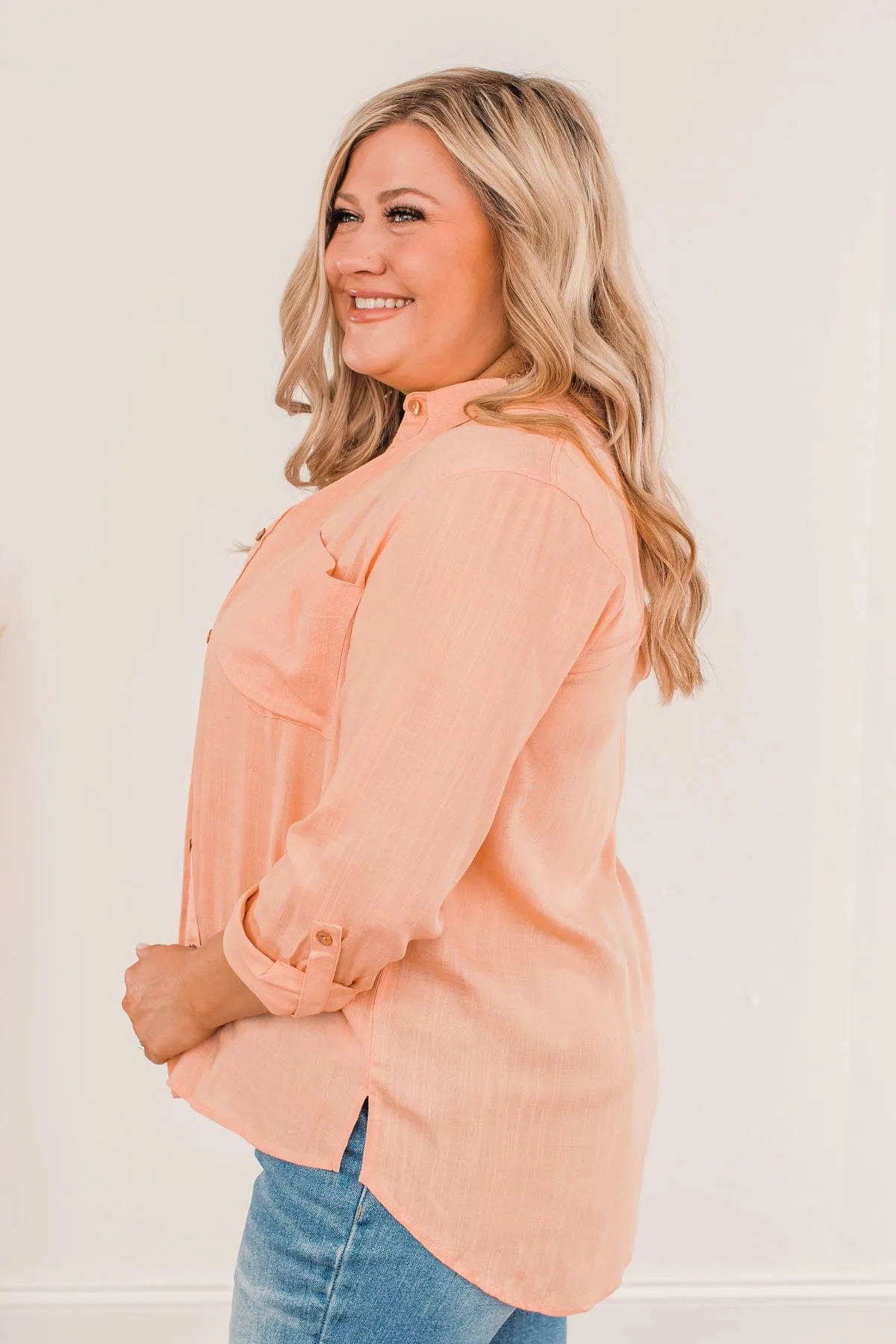 Hearing The Love Button Pocket Top- Cantaloupe