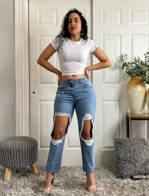 High rise extreme ripped boyfriend jeans