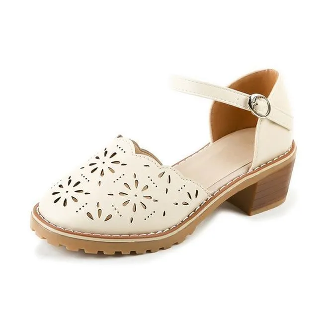 Hollow-Carved Women Sandals  Style Retro Platform White Sandals
