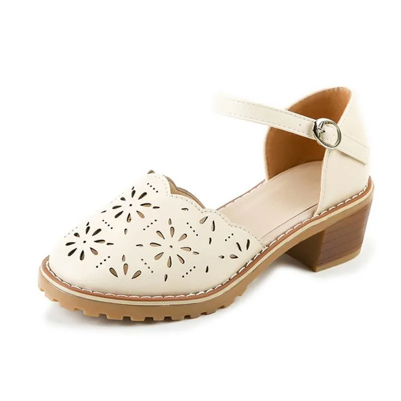 Hollow-Carved Women Sandals  Style Retro Platform White Sandals