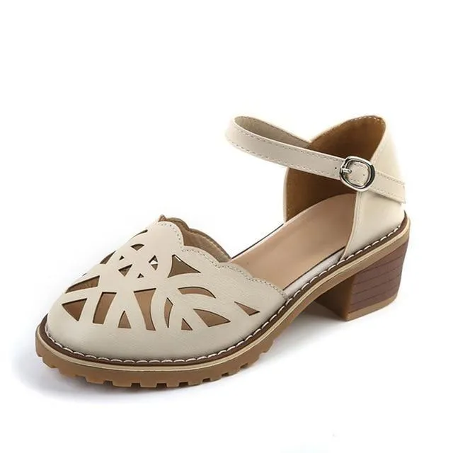 Hollow-Carved Women Sandals  Style Retro Platform White Sandals