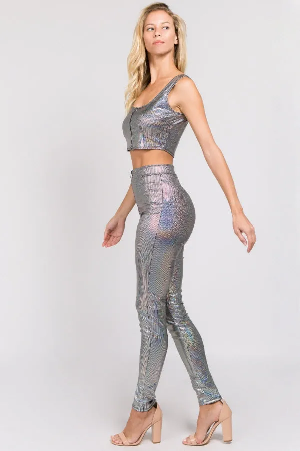 Holographic Zip Front Crop Top-Pants Set