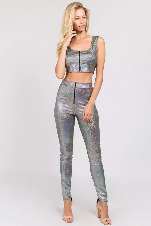 Holographic Zip Front Crop Top-Pants Set