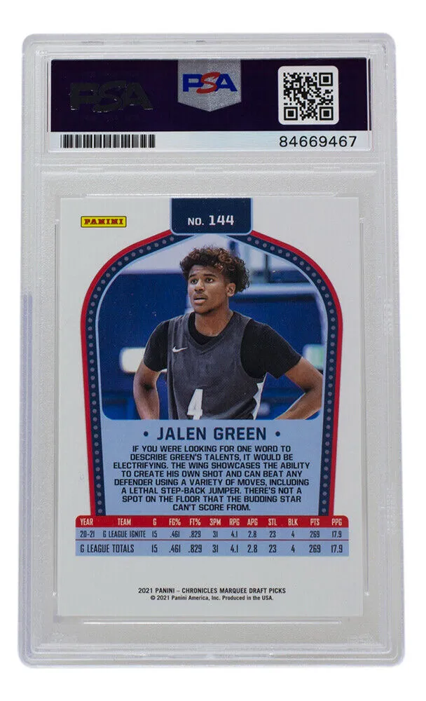 Jalen Green Signed Rockets 2021 Panini Draft Marquee Rookie Card #144 PSA/DNA 10