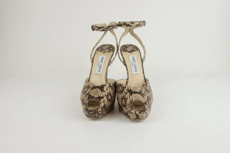 Jimmy Choo Platform Sandals Lola Beige Snake Size 39 Ankle Strap Heel