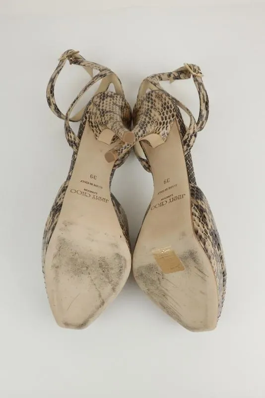 Jimmy Choo Platform Sandals Lola Beige Snake Size 39 Ankle Strap Heel