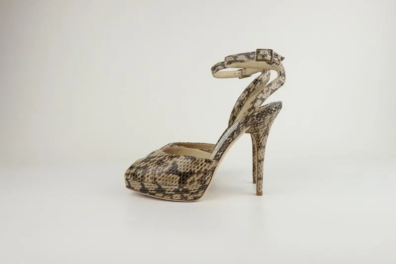 Jimmy Choo Platform Sandals Lola Beige Snake Size 39 Ankle Strap Heel