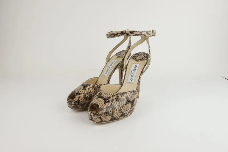 Jimmy Choo Platform Sandals Lola Beige Snake Size 39 Ankle Strap Heel