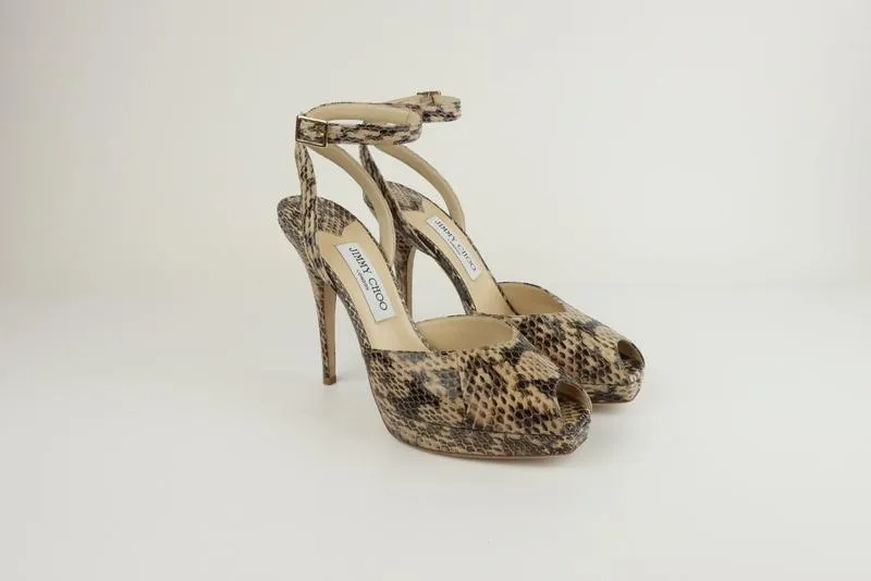 Jimmy Choo Platform Sandals Lola Beige Snake Size 39 Ankle Strap Heel