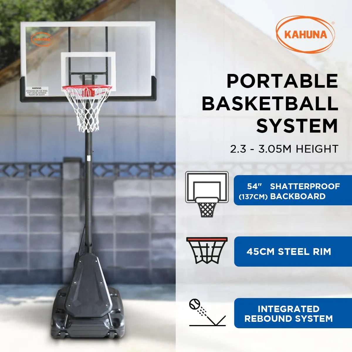 Kahuna Portable Basketball Hoop System 2.3 to 3.05m for Kids & Adults - ONLINE ONLY - Free Shipping!