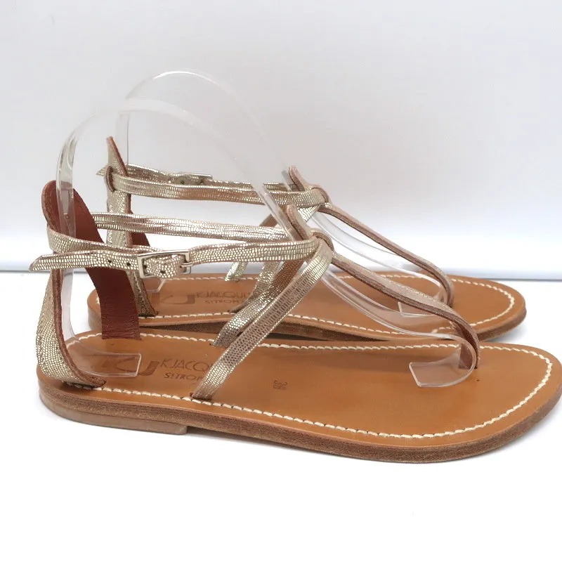K.Jacques Buffon T-Strap Sandals Platinum Disco Leather Size 38