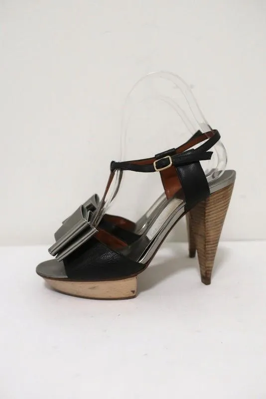 Lanvin Bow T-Strap Sandals Silver & Black Leather Size 37 Wood Platform Heel