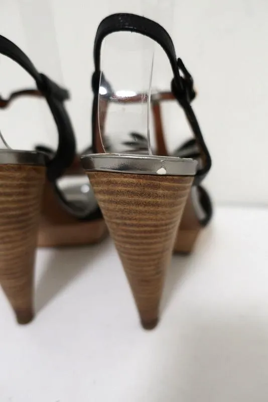 Lanvin Bow T-Strap Sandals Silver & Black Leather Size 37 Wood Platform Heel