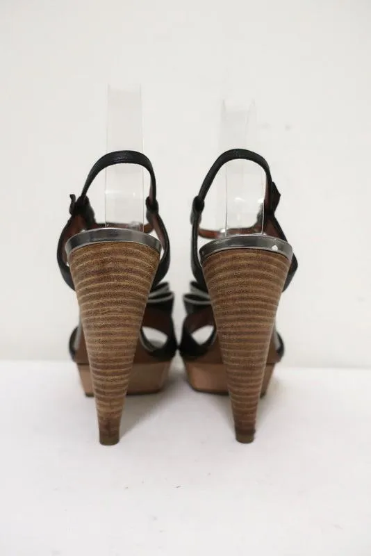 Lanvin Bow T-Strap Sandals Silver & Black Leather Size 37 Wood Platform Heel
