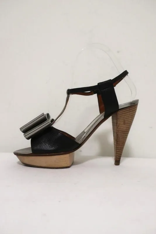 Lanvin Bow T-Strap Sandals Silver & Black Leather Size 37 Wood Platform Heel