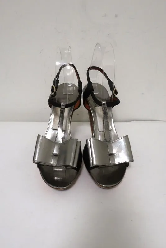 Lanvin Bow T-Strap Sandals Silver & Black Leather Size 37 Wood Platform Heel