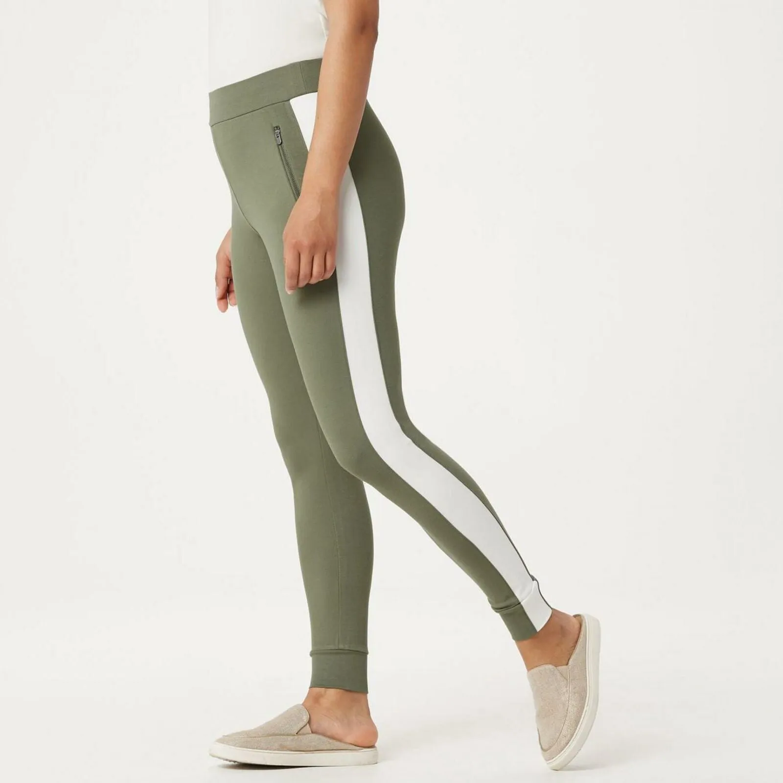 Lisa Rinna Collection Women's Contrast Skinny Stripe Knit Joggers Army Large