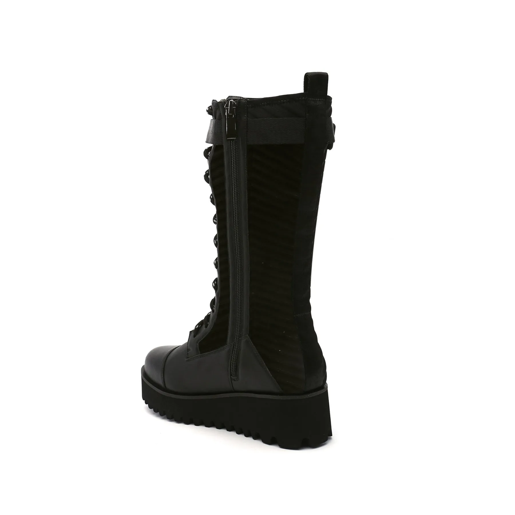 Lug Sole Lace Up Leather Combat Boot - Black
