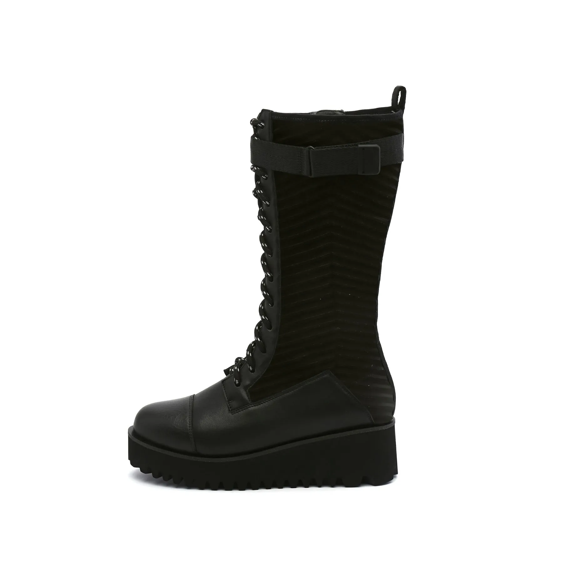 Lug Sole Lace Up Leather Combat Boot - Black