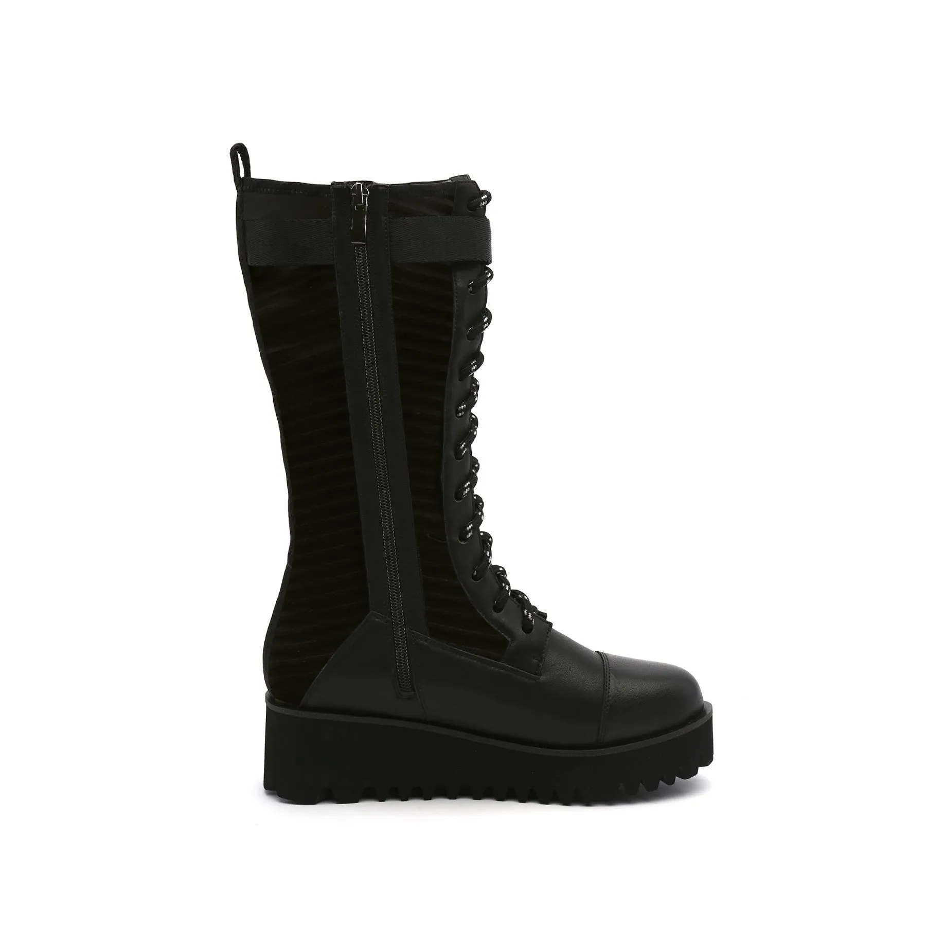 Lug Sole Lace Up Leather Combat Boot - Black