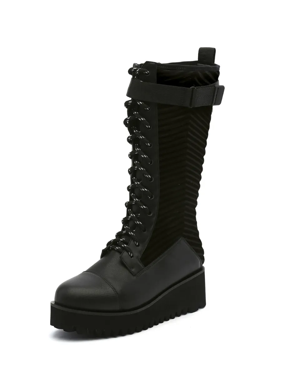 Lug Sole Lace Up Leather Combat Boot - Black