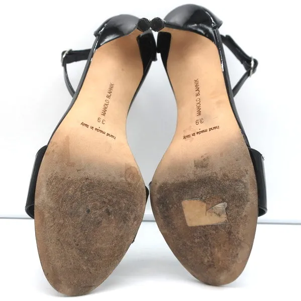 Manolo Blahnik Tres Ankle Strap Sandals Black Patent Leather Size 39