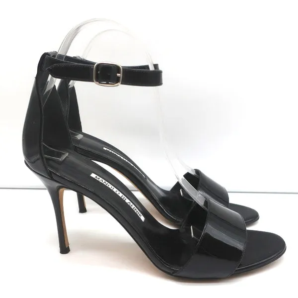 Manolo Blahnik Tres Ankle Strap Sandals Black Patent Leather Size 39