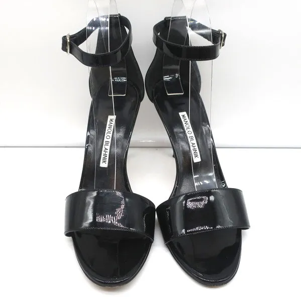 Manolo Blahnik Tres Ankle Strap Sandals Black Patent Leather Size 39