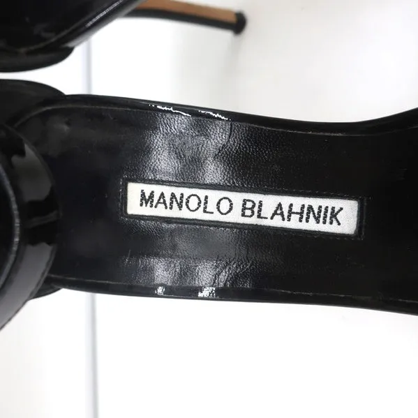 Manolo Blahnik Tres Ankle Strap Sandals Black Patent Leather Size 39