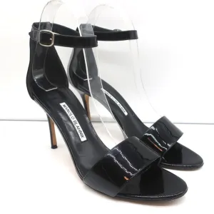 Manolo Blahnik Tres Ankle Strap Sandals Black Patent Leather Size 39