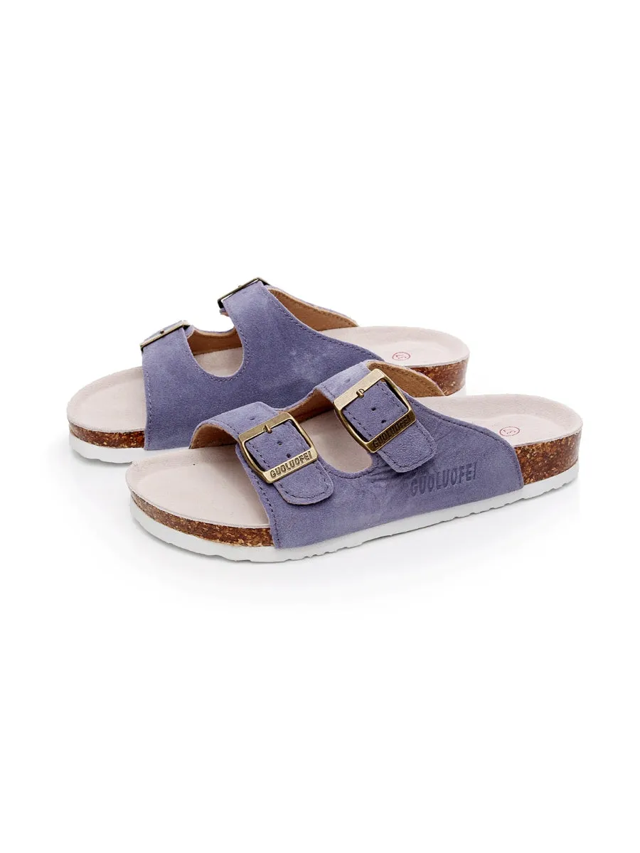 Mauve Double-Buckle Wide-Strap Suede Leather Sandals