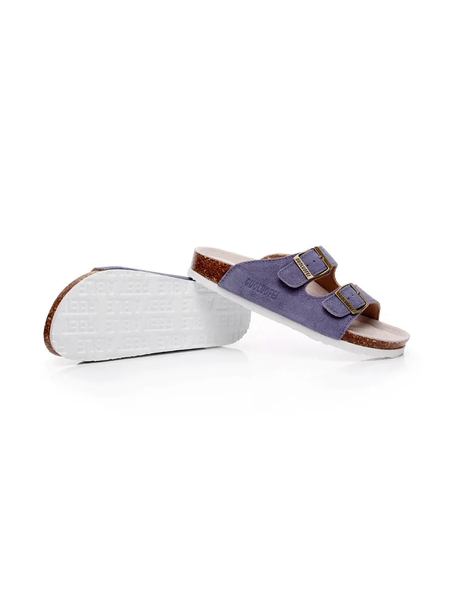 Mauve Double-Buckle Wide-Strap Suede Leather Sandals