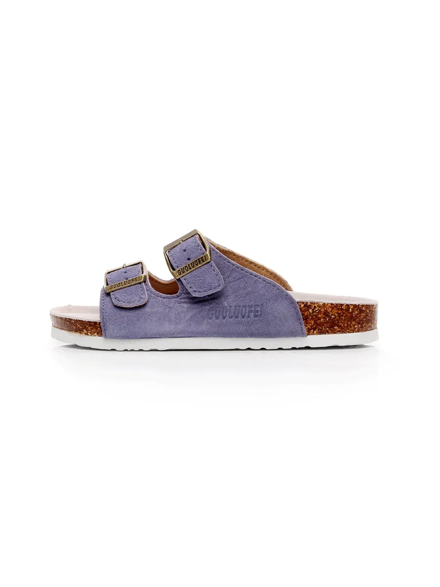 Mauve Double-Buckle Wide-Strap Suede Leather Sandals