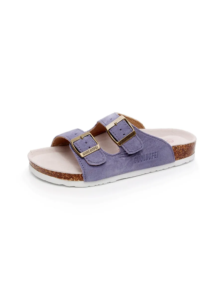 Mauve Double-Buckle Wide-Strap Suede Leather Sandals