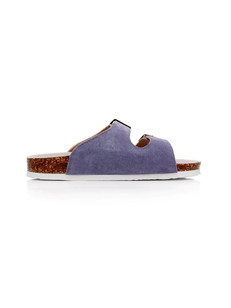 Mauve Double-Buckle Wide-Strap Suede Leather Sandals