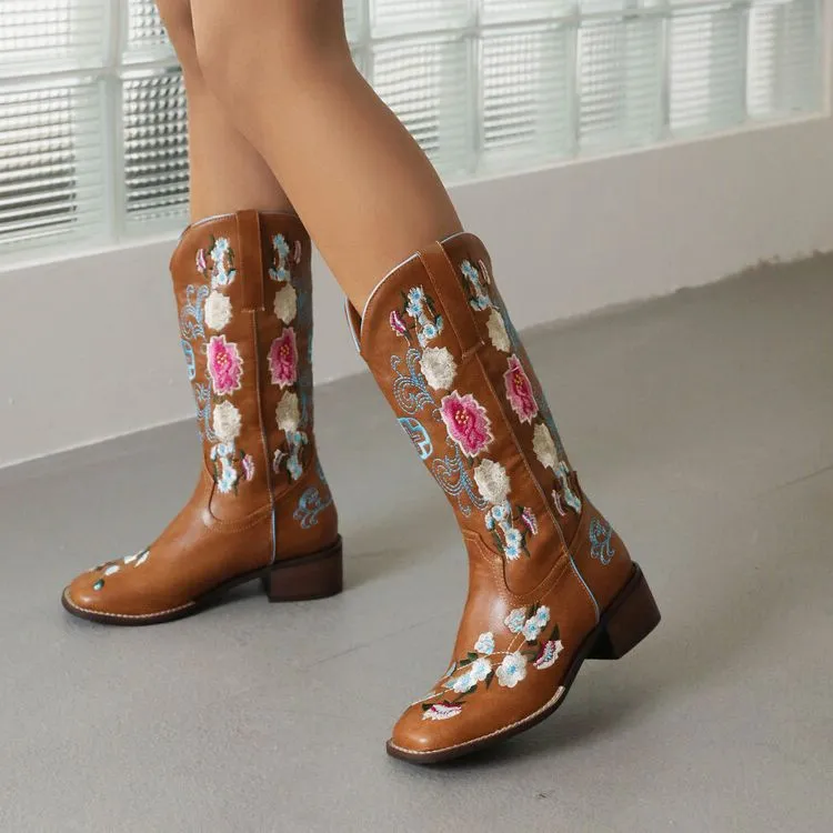 Mid Calf Boots For Women Cowboy Boots Chunky Heel